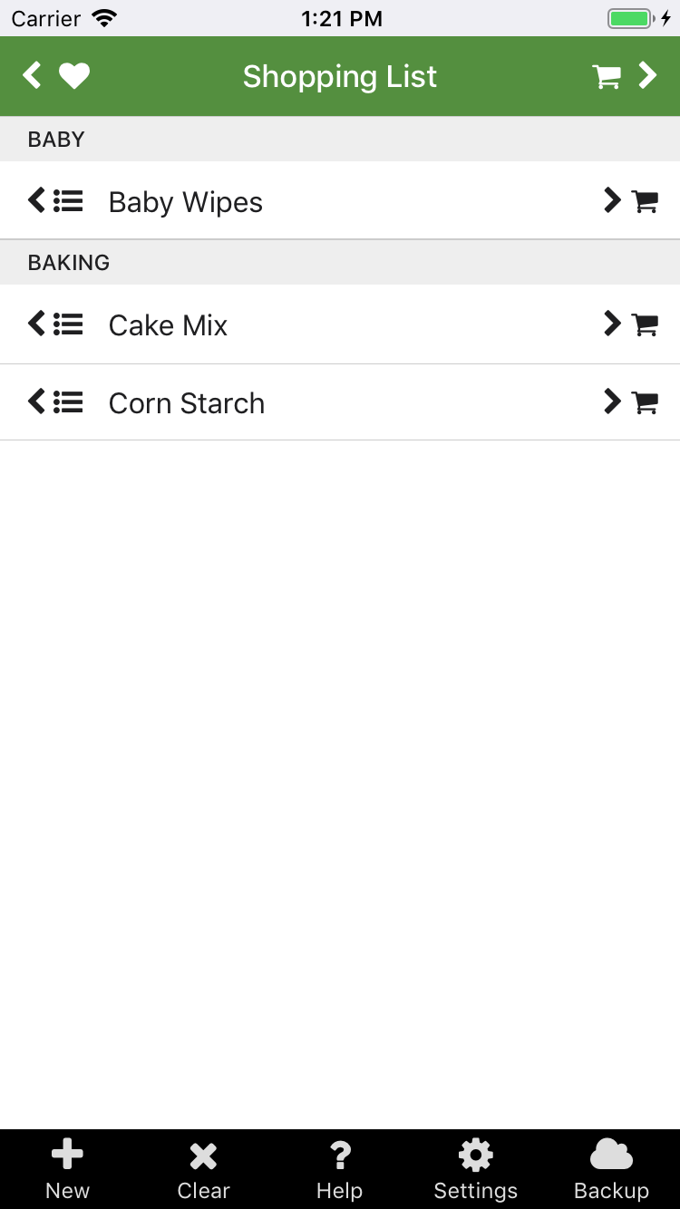 Screenshot of the Shopping List page